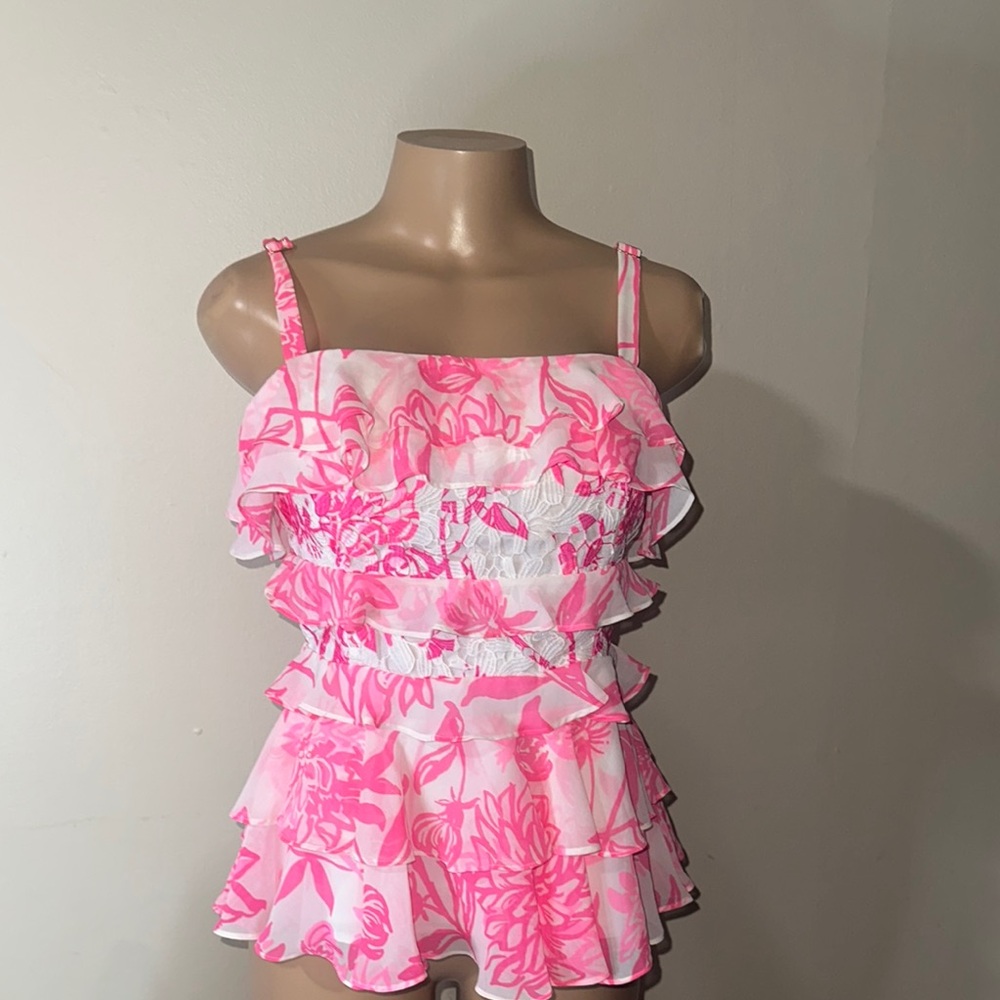 Lilly Pulitzer Pink and White Ruffled Blouse